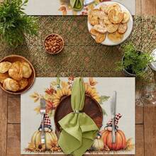 4/6 peças de caminho de mesa de Ação de Graças de outono, capa de mesa de poliéster reutilizável e lavável à máquina com abóbora, folha de bordo, girassol e design "Olá Outono" para decoração sazonal de jantar em casa