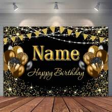 1 Stück schwarzgoldenes funkelndes Polyester Hintergrund für Geburtstage, mehrere Größen mit "Happy Birthday" Text - funkelnde Ballons, Konfetti, Polyesterstoff, geeignet für Fotografie, Abschlussfeiern, Partys, Feiern (ohne Strom erforderlich), Geburtstagsdekoration