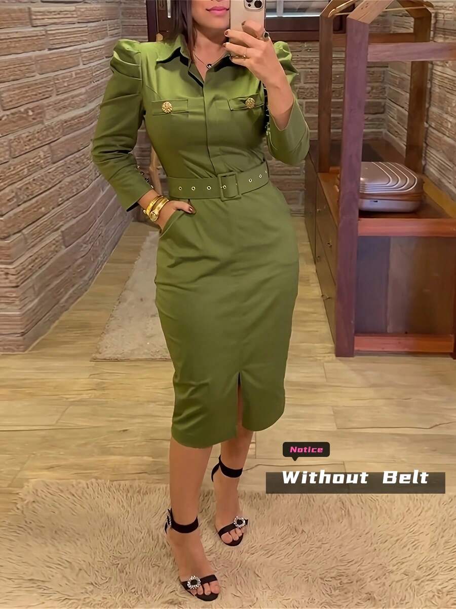 Solid Color Casual Elegant Bodycon Cargo Midi Dress With Pockets (No Belt)