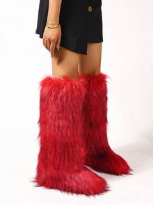 Women Faux Fur Boots, Solid Color Cute & Sexy Fabric Faux Fur Panel Design Fluffy Boots For Outdoor, Party, Holiday, Spring, Autumn, Winter