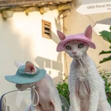 1pc Hawaiian Style Sun Protection Pet Hat With Cute Ear Holes, Adjustable, Suitable For Small Dogs, Polyester, For All Seasons Outdoor Wear