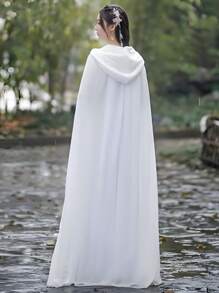 1pc Chiffon Hooded Cloak Shawl For Wedding, Party, Festival, Red & White Colors