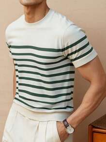 Camiseta de cuello redondo de rayas tejida, minimalista, casual, para uso diario