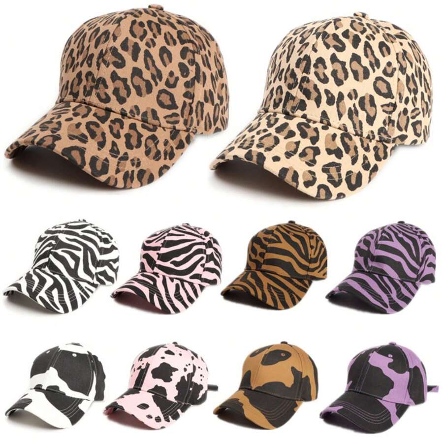 Leopard, Cow, Zebra Print Baseball Hat, Unisex Sun Protection Curved Visor Cap - Multicolor - View 1