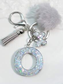 1 件首字母银色闪光钥匙扣，树脂滴蝴蝶吊坠，包/车装饰，男女通用礼物汽车配件包魅力学校可爱哥特 Y2k - 銀色 - 查看 36