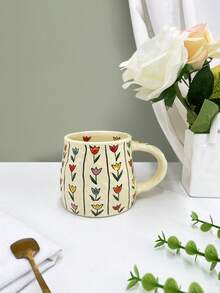 1 件陶瓷花卉图案杯 - 380 毫升大容量法式拿铁/咖啡杯带边缘，适用于餐厅、客厅、咖啡馆和聚会 | 可重复使用且可用洗碗机清洗 | 非常适合茶、咖啡、牛奶、果汁 - 非常适合厨房、餐厅、客厅、婚礼、派对、礼物、生日、圣诞节、餐厅必需品 | 装饰性饮具