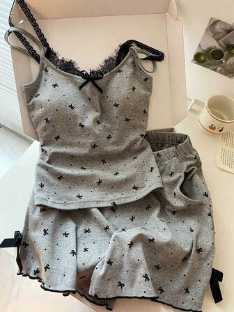 女士吊带背心睡衣，夏季新款带蝴蝶结蕾丝边的加垫吊带背心家居服