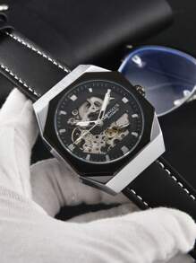 LONGLUX 1pc Men's Automatic Mechanical Watch With Leather Strap, Water-Resistant, Casual, Carved Hollow Movement Watch