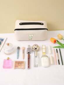 Premium PU Cosmetic Bag Travel Bag,With Letter Cosmetic Storage Bag, Large Capacity Layered Cosmetic Bag Zipper Bag, Portable Travel Organizer Multifunctional Waterproof Bag, Cosmetic Storage Bag, Travel Accessories, Travel Essentials, Cruise Essentials, Jewelry Storage, Lip Oil Storage, Nail Polish Storage, Valentine's Day Gift, Bridesmaid Gift, Birthday Gift, Friend And Teacher Gift, Holiday Gift, Mother Gift,Gift For Women