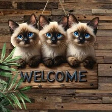 1 pezzo Targhetta con gatto Siamese in 2D piatto, decorazione da parete in legno 2D piatta, senza alimentazione elettrica, leggera e senza piume, perfetta per Natale e tema gatti domestici, decorazione per portico e giardino, aspetto artigianale, accessori per gatti