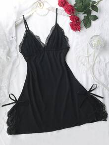 Women's Bow Decor Sexy Camisole Nightgown, Backless Lace Babydoll Dress With Adjustable Straps, Deep V Sexy Lingerie, Floral Lace Contrast Color Soft Knit Robe And Pajamas, Women's Solid Color Fitted Slit Nightgown, Suitable For Bedroom, Honeymoon, Anniversary, Bridal Gift, Pajama Party