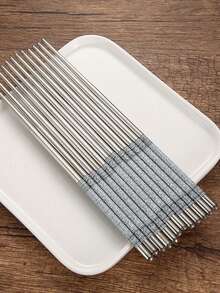 6/10pcs Stainless Steel Chopstick Set, Porcelain Pattern, Non-Slip & Heat-Resistant, Adult Tableware Chopstick Set For Home Use - Silver - View 6