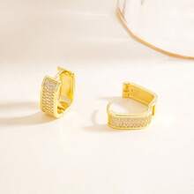 Pair Of Gold Square Hoop Earrings With Shiny Stones - Fashion Style For Ladies - 方四排鑽 - 查看 7