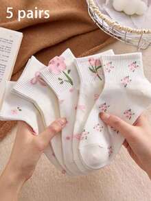 5 Pairs Women Small Floral Print Ankle Socks, Fashion Versatile Socks Suitable For All Seasons, Including Summer Sports - Multicolor - View 2