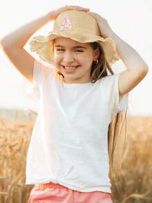 1pc Kids Ditsy Floral & 26 Letter Personalized Straw Sun Hat, 1pc Lace Trim Straw Hat For Girls To Wear Outdoors, Picnics, Beach, Vacation - Beige - View 2