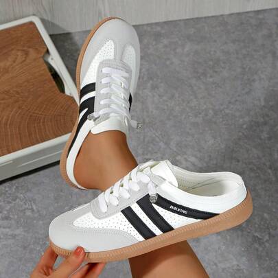 1 双女士休闲时尚几何穿孔 PU 皮革平底鞋，适合学校、度假、办公室、家居、户外、所有季节