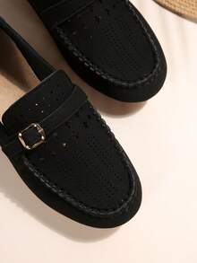 秋冬新款圆头低帮透气时尚休闲乐福鞋，适合所有季节，一脚蹬，金属扣拼接镂空设计，日常通勤，度假，散步，舒适，轻便，纯色，手工蕾丝，天鹅绒材质女士休闲莫卡辛鞋，黑色，女士运动鞋 - 黑色 - 查看 7