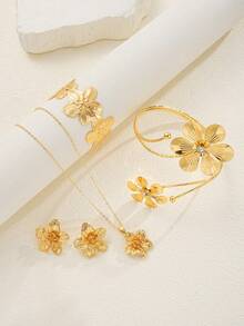 5/3/1 套装金属 3D 花朵项链耳环套装，夸张花朵手链鼻环身体链首饰套装，适合女性、日常/派对/节日的礼物 - 款式1 - 查看 15