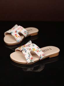 1 双幼儿/女童时尚一脚蹬拖鞋，彩色柔软 PU 材质圆头露趾平底舒适可爱罗马沙滩凉鞋，适合 3-15 岁女孩，休闲、沙滩、夏季新品