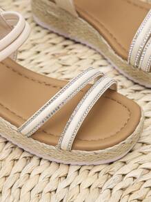 1 pereche de sandale albe cu strasuri pentru fete adolescente, sandale de plajă la modă cu vârf pătrat și talpă groasă, pantofi de vară confortabili și ușori din frânghie țesută pentru școală și purtare zilnică