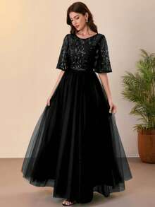 Vestidos de fiesta formales para mujer, vestidos de graduación con encaje, lentejuelas y malla, vestidos de noche largos de dama de honor con volantes y lentejuelas