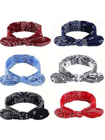 6pcs/Set Ladies Elegant Cute Paisley Bowknot Headbands - Stretchy Elastic Hair Hoop, 6 Colors (Black/Red/White/Blue/Beige/Brown), Suitable For Sports, Outdoor And Daily Outfits, All Seasons