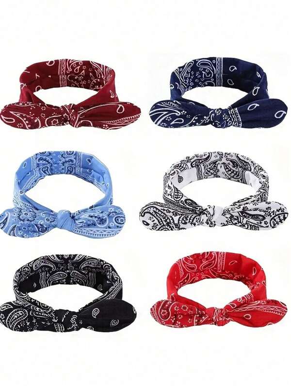 6pcs/Set Ladies Elegant Cute Paisley Bowknot Headbands - Stretchy Elastic Hair Hoop, 6 Colors (Black/Red/White/Blue/Beige/Brown), Suitable For Sports, Outdoor And Daily Outfits, All Seasons