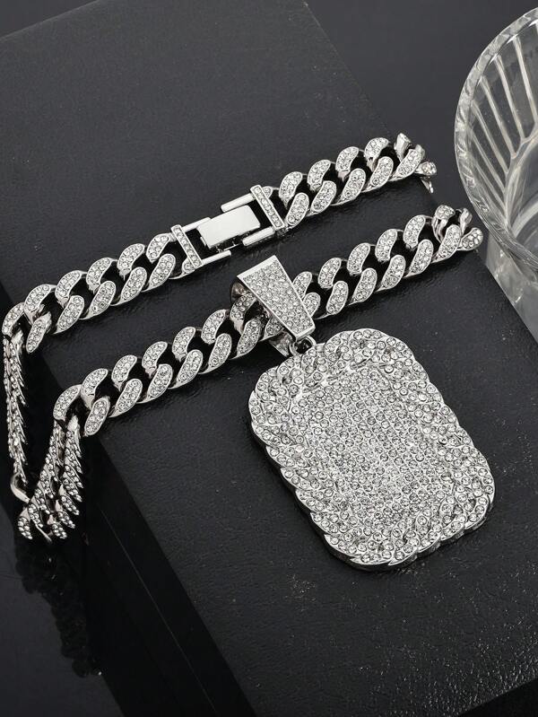 Hüpfend minimalistischer vollständig mit Strass besetzter Anhänger Halskette, rechteckige Platte modischer Dekor Schmuck, Musik Festival Rapper Geschenk