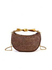 Geantă de paie cu mâner metalic la modă, stil casual de vacanță, geantă de mână simplă pentru femei, potrivită pentru plajă, articole esențiale de călătorie, utilizare în vacanță, accesorii de plajă perfecte pentru femei