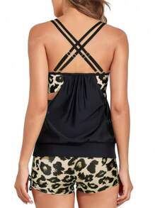 Slim Sexy Leopard Print Women Tankini Swimsuit, New Fashion Crisscross Back Design Two-Piece, Elegant Hot Chick Cute,Suitable For Summer Beach Vacation Hawaii