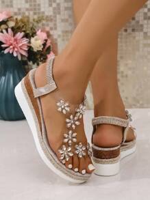 A Pair Of Wedge Sandals For Teenagers, Stylish And Versatile Girls' Shoes With Rhinestones And Thick Soles, Girls' High - Heeled Shoes With Soft Flower - Decorated Soles For Matching Dresses