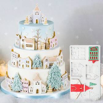1 件圣诞主题硅胶模具，适用于粘土和树脂工艺 - DIY 手工皂和装饰铸件，带有树、房子和城堡设计 - 可重复使用的硅胶材料