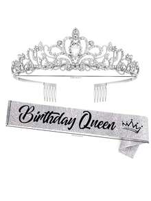 2pcs/Set "Birthday Queen" Sash And Rhinestone Crown Set - Glitter Silver Color Fabric With Black Foil Letters Birthday Sash For Women + Rhinestone Crown Set Birthday Party Gifts Birthday Party Supplies,Christmas - Silver - View 4