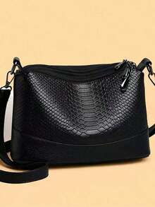 1pc Women Crocodile Pattern Crossbody Bag, Large Capacity Multi-Layer Work & Commuter Bag, Black - Black - View 2