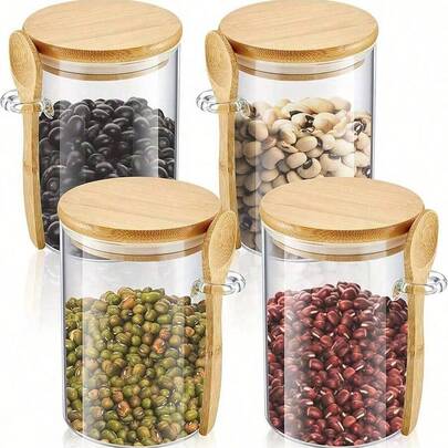 1/2/4pcs Glass Spice Jars With Bamboo Lids And Spoons - Airtight Sealed Containers For Outdoor Storage, Camping, Picnics, Restaurant BBQ - Ideal For Spices, Salt, Pepper, Oats, Sugar