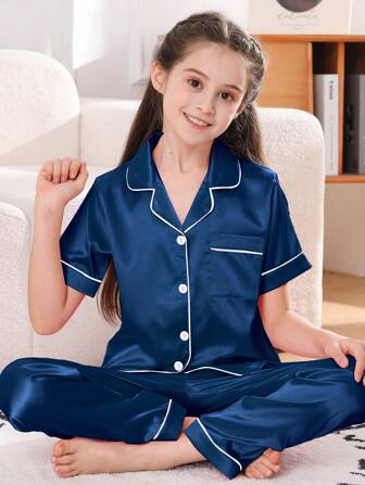 2pcs Tween Girl Girls Sleepwear Set, Short Sleeve Top And Long Pants, Cute Solid Color Homewear Suit, Spring/Summer