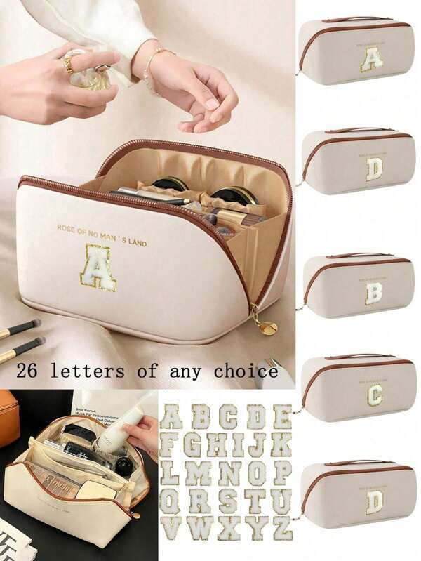 Premium PU Cosmetic Bag Travel Bag,With Letter Cosmetic Storage Bag, Large Capacity Layered Cosmetic Bag Zipper Bag, Portable Travel Organizer Multifunctional Waterproof Bag, Cosmetic Storage Bag, Travel Accessories, Travel Essentials, Cruise Essentials, Jewelry Storage, Lip Oil Storage, Nail Polish Storage, Valentine's Day Gift, Bridesmaid Gift, Birthday Gift, Friend And Teacher Gift, Holiday Gift, Mother Gift,Gift For Women