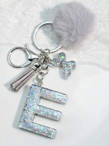 1 件首字母银色闪光钥匙扣，树脂滴蝴蝶吊坠，包/车装饰，男女通用礼物汽车配件包魅力学校可爱哥特 Y2k - 銀色 - 查看 5