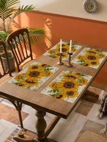 1pc/2pcs/4pcs/6pcs-Sunflower Checkered Illustration Green Leafy Plant Placemat, A Simple And Fresh Style Green Tropical Printed Linen Table Mat Combination, Suitable For Daily Decoration Party Table Mats In Spring And Summer - Multicolor - View 3