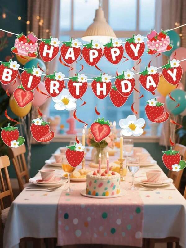Strawberry Theme Summer Fruit Birthday Party Decoration Set Swirl Hanging Tags Cake Toppers Flag Banner Perfect For Celebrations And Festive Events Ideal Birthday Party Decoration Set