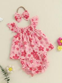 Conjunto de 2 piezas de camisetas sin mangas y pantalones cortos con estampado floral y mangas abullonadas para bebé niña - Rosa - Ver 8