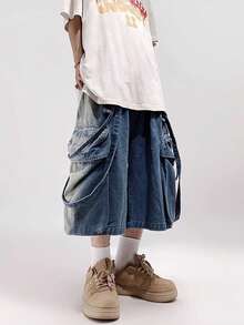 1 件男士休闲宽松中长款水洗复古美式嘻哈设计牛仔短裤，emo 风格