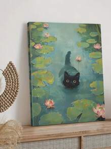 1 pièce canevas murale Affiche d'un chat noir fantaisiste nageant parmi les nénuphars dans un étang tranquille, magnifiquement rehaussé par une palette de couleurs douces. Affiches parfaites pour ajouter une touche de gaieté et de nature à n'importe quelle pièce, prêtes à accrocher, cadre en option