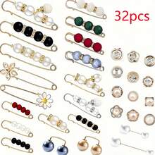 14/21pcs Women Brooch & Pins, Waist Cincher Belt Clip, Scarf, Sweater, Collar Clips, Faux Pearl Brooch, Fashion Cover Up Buttons And Clothing Decorations - Multicolor - View 16