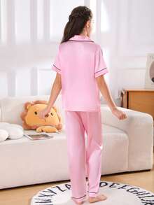 2pcs/Set Tween Girl Girls Pajama Set, Short Sleeve Top And Long Pants, Cute Solid Color Sleepwear, Spring/Summer - Pink - View 2