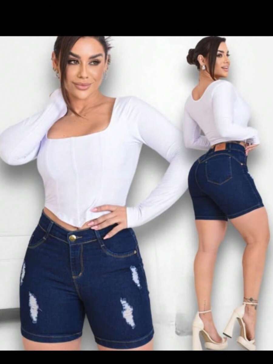 Bermuda Jeans Mid-Thigh Women's High Waist Elegant Long Jeans - Azul lavado oscuro - Ver 1