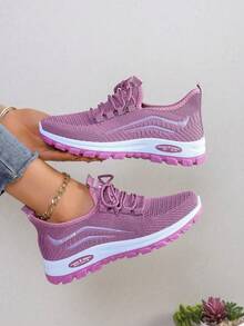 全新紫色纯色女式运动鞋，针织，透气，适合上学、办公、跑步、轻便、健身、徒步、聚会、餐饮、购物、约会、时尚休闲平底鞋 - 紫色 - 查看 6