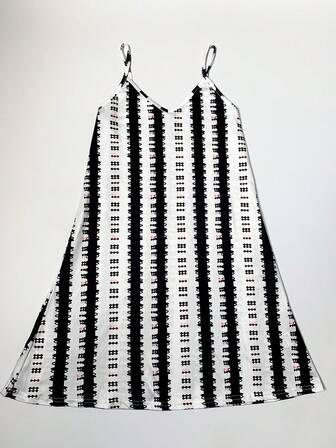 女士夏季连衣裙，简约无袖全印花太阳裙，沙滩V领连衣裙