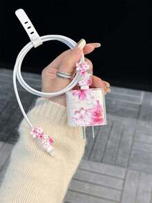 Personalized Floral Print Protective Case Compatible With Apple Data Cable, Charger Head, 13/14/15 Pro Max, Anti-Cat Bite - Multicolor - View 2