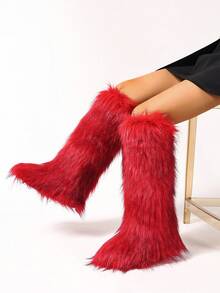 Women Faux Fur Boots, Solid Color Cute & Sexy Fabric Faux Fur Panel Design Fluffy Boots For Outdoor, Party, Holiday, Spring, Autumn, Winter